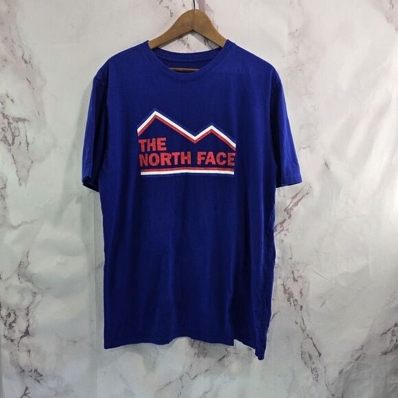 The North Face T Shirt Mens Large Blue Royal Red White Logo Mountain Cotton Tee - Picture 1 of 11